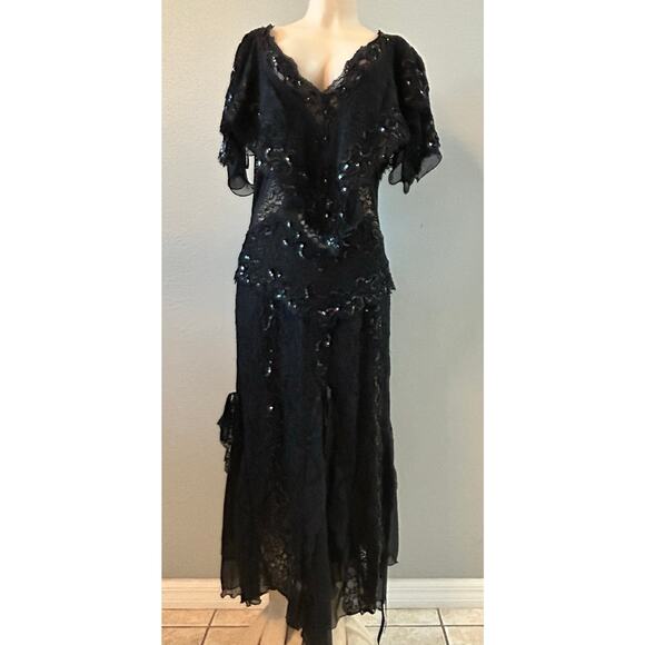 WhimsiGoth Janine London Paris Black Lace & Sequin Evening Gown – Size L - Picture 1 of 8